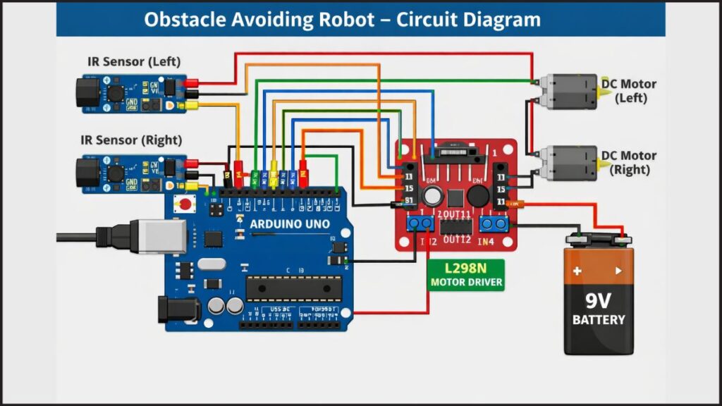 Obstacle Avoiding Robot Using IR Sensor and Arduino – Components, Circuit, Code & Working