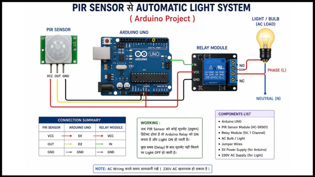 PIR Sensor से Automatic Light System कैसे बनाएं  Arduino Project Hindi 2026

