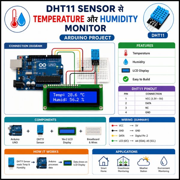 DHT11 Sensor से Temperature और Humidity Monitor कैसे बनाएं  Arduino Project Hindi 2026
