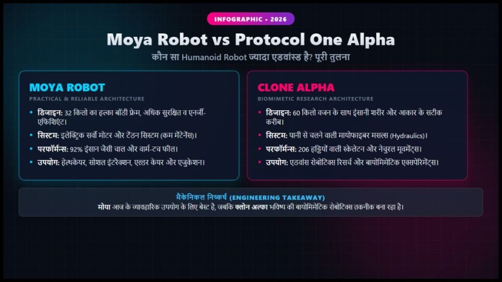 Moya Robot vs Protocol One Alpha कौन सा Humanoid Robot ज्यादा एडवांस्ड है पूरी तुलना (2029) Moya Robot vs Protocol One Alpha कौन सा Humanoid Robot ज्यादा एडवांस्ड है पूरी तुलना (2026)